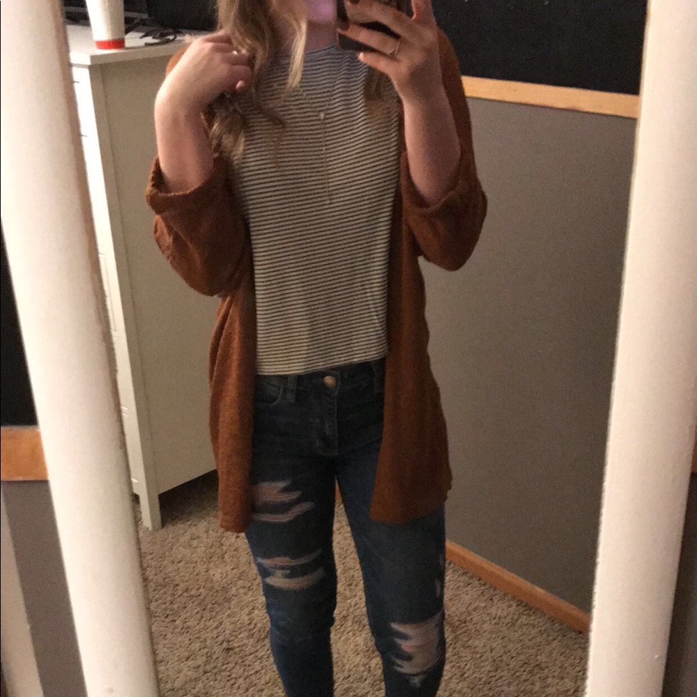 Dry Goods orange cardigan.